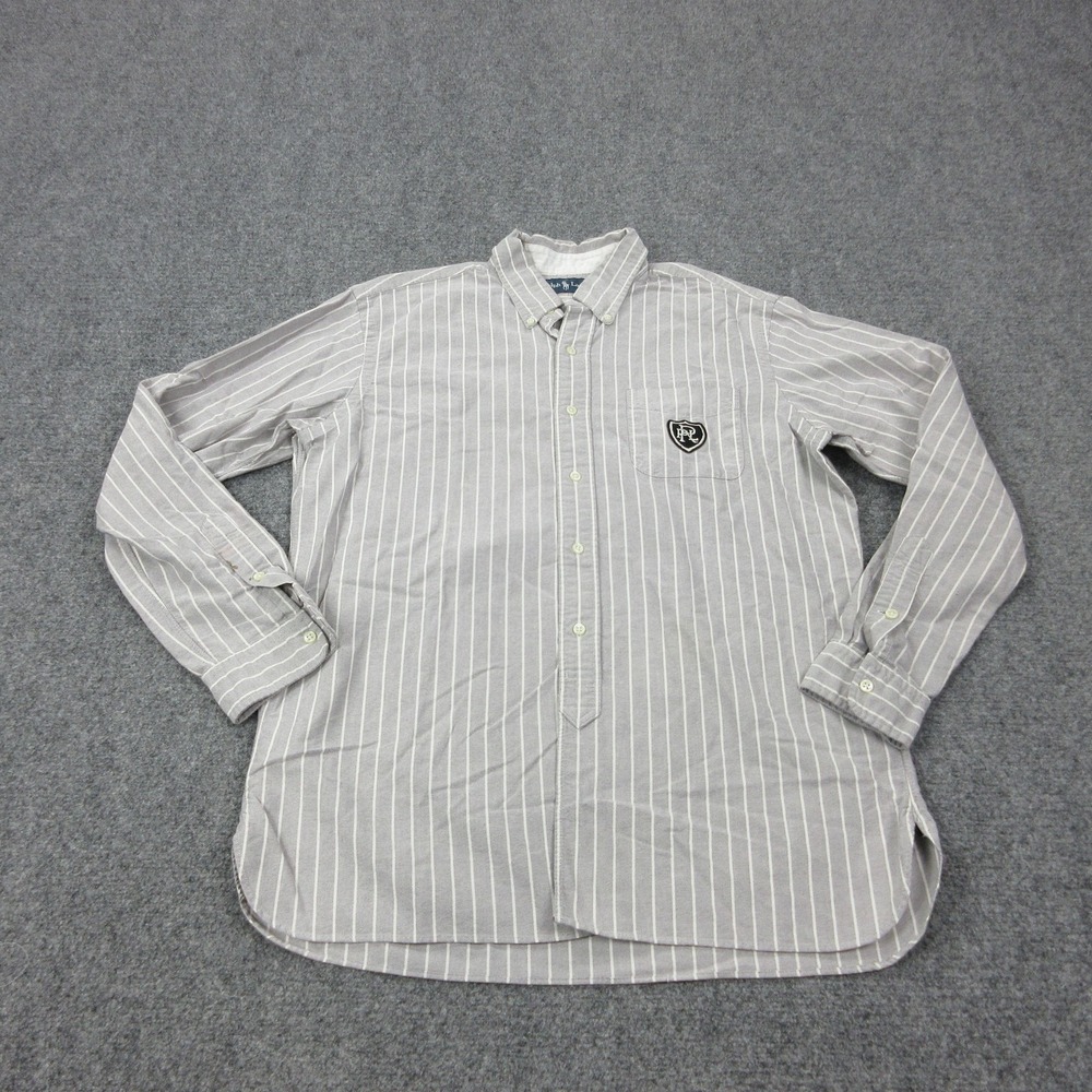 Vintage Ralph Lauren Shirt Mens Large Gray Stripe Cotton Long Sleeve Button Down